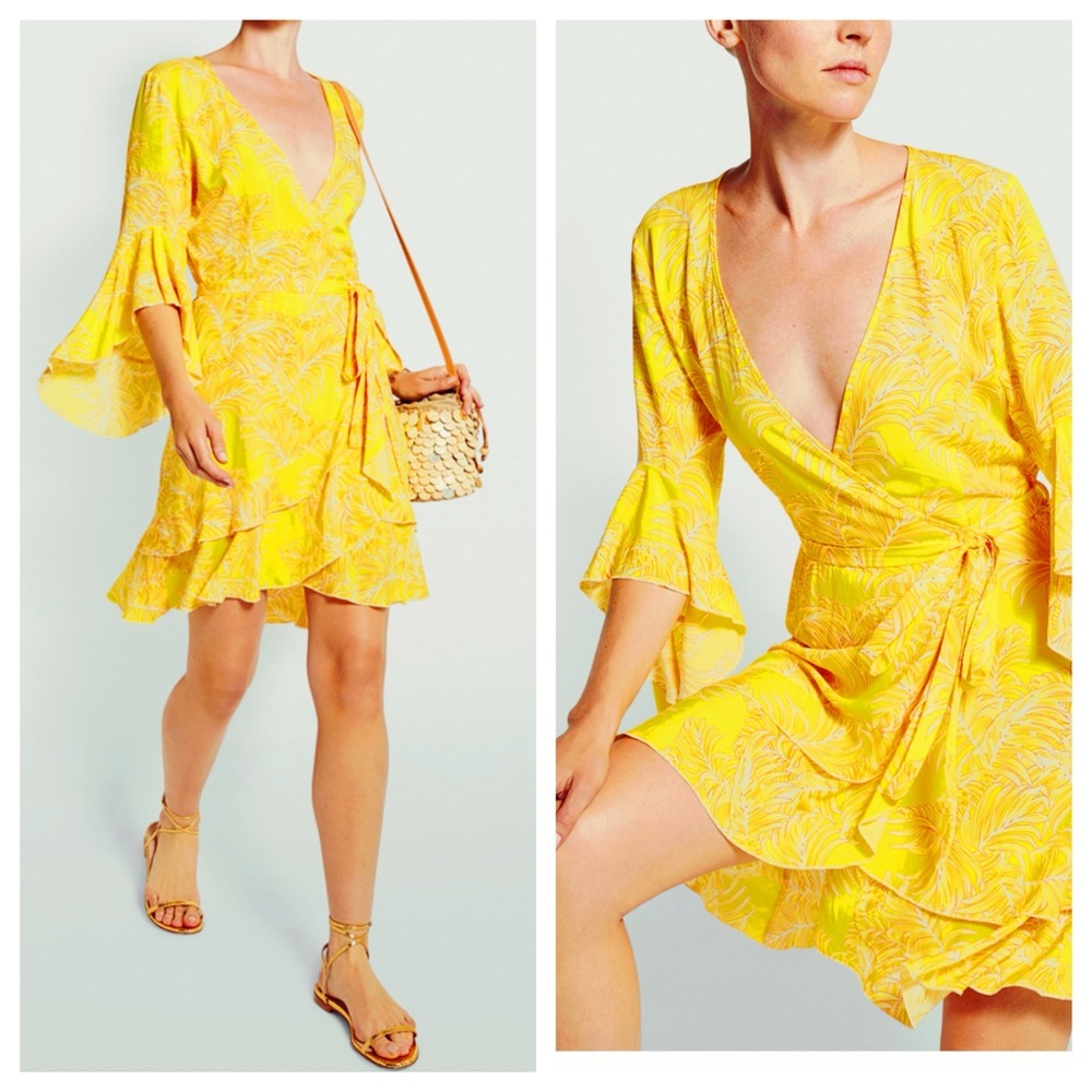 NWOT $239 Melissa Odabash Kirsty Wrap Yellow Bell Sleeve Mini Dress Large